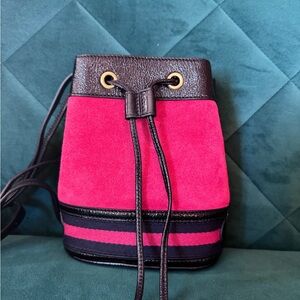 Gucci Suede Patent Leather Ophidia Mini Bucket Bag